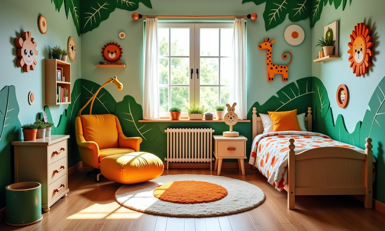 Quarto infantil com tema de selva, decorações coloridas e brinquedos de madeira.