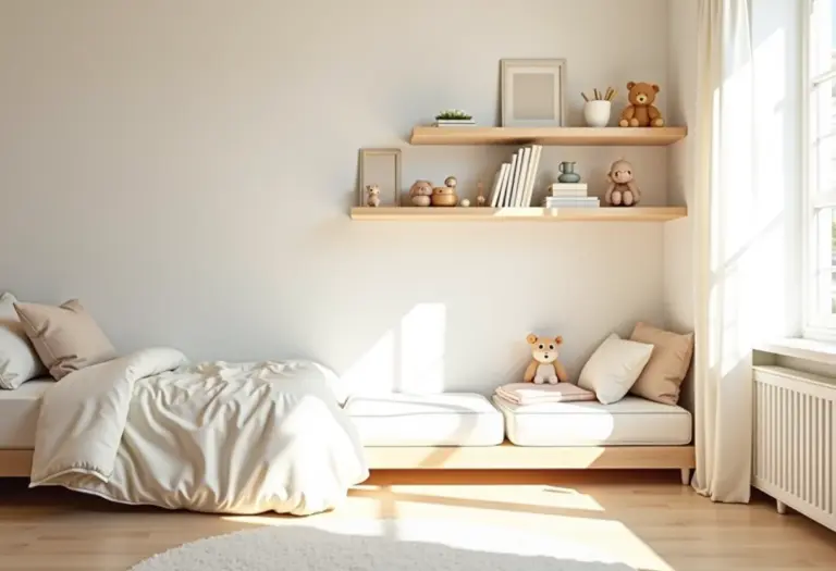 Quarto infantil montessoriano com móveis baixos e brinquedos organizados