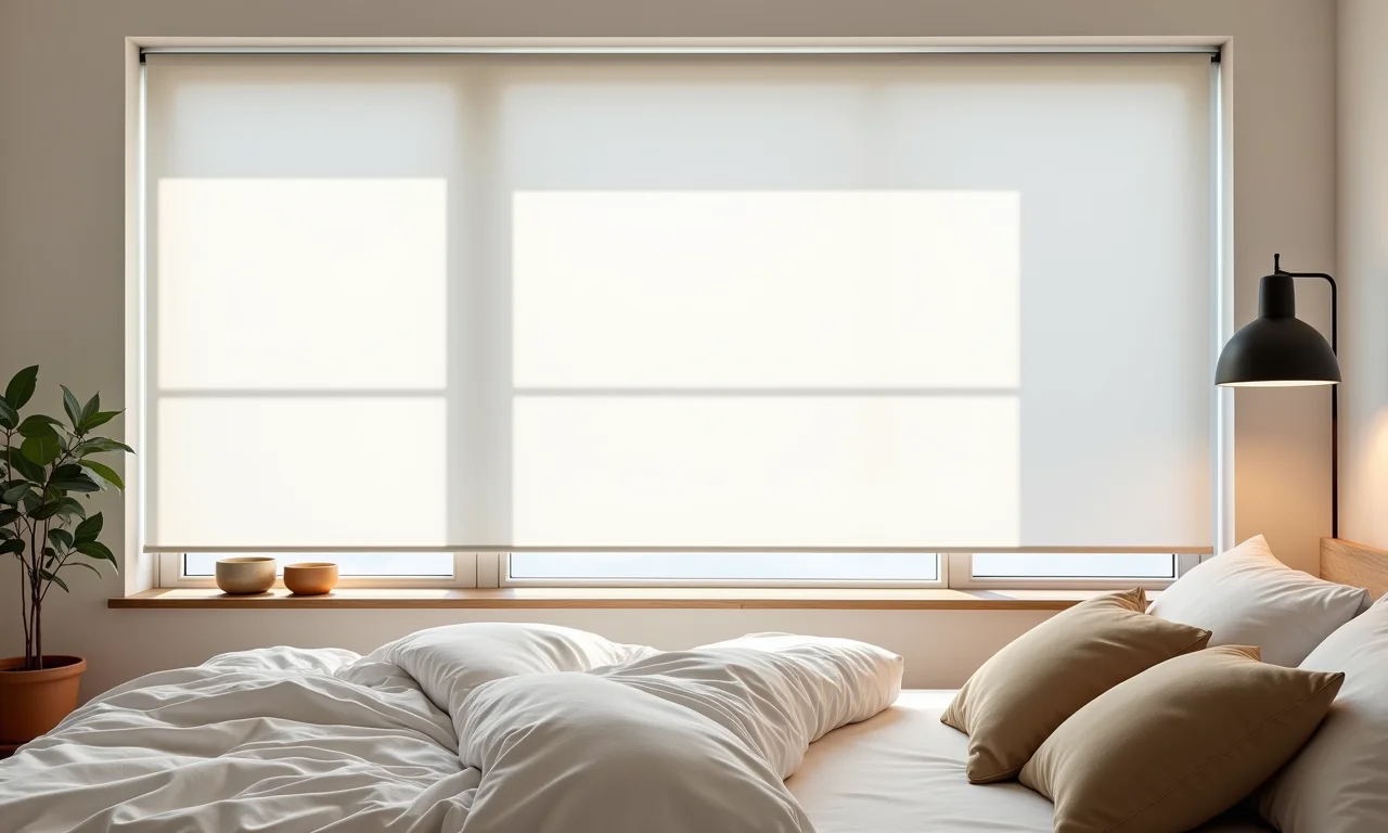 Quarto minimalista com persianas rolô brancas.