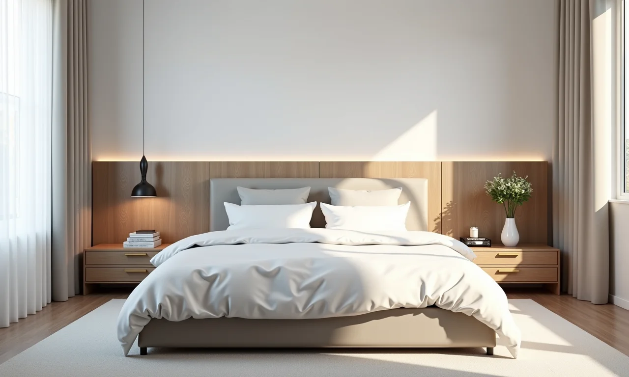 Quarto moderno com cabeceira de madeira minimalista.
