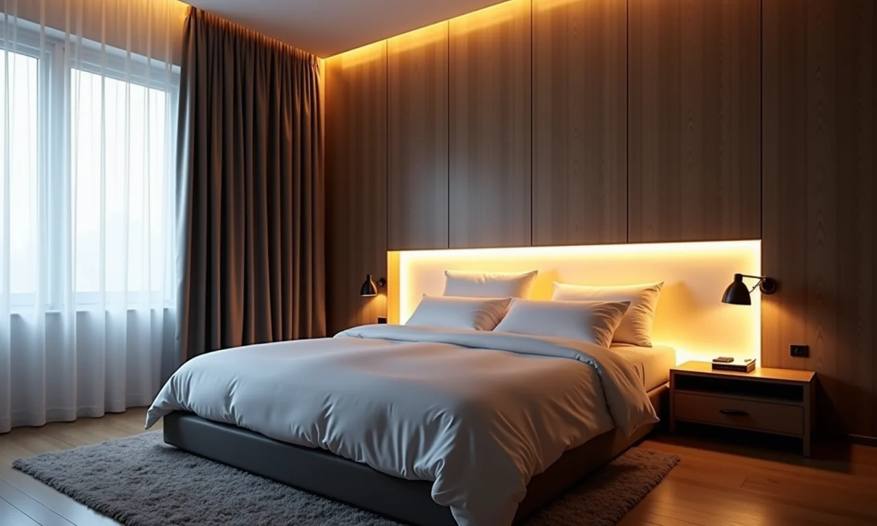 Quarto moderno com cabeceira iluminada proporcionando brilho sofisticado.