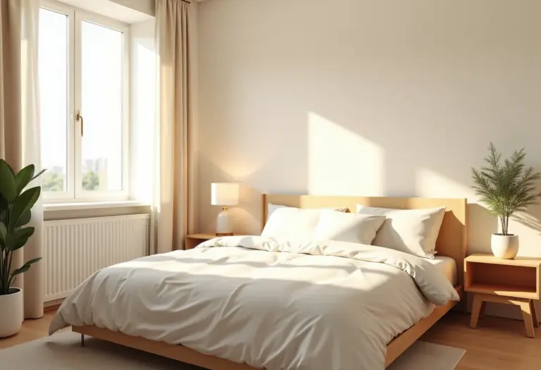 Quarto organizado e minimalista com luz suave da manhã