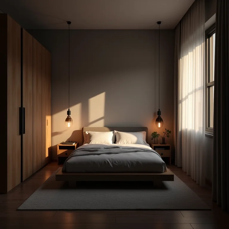 Quarto pequeno com iluminação inadequada e ambiente escuro