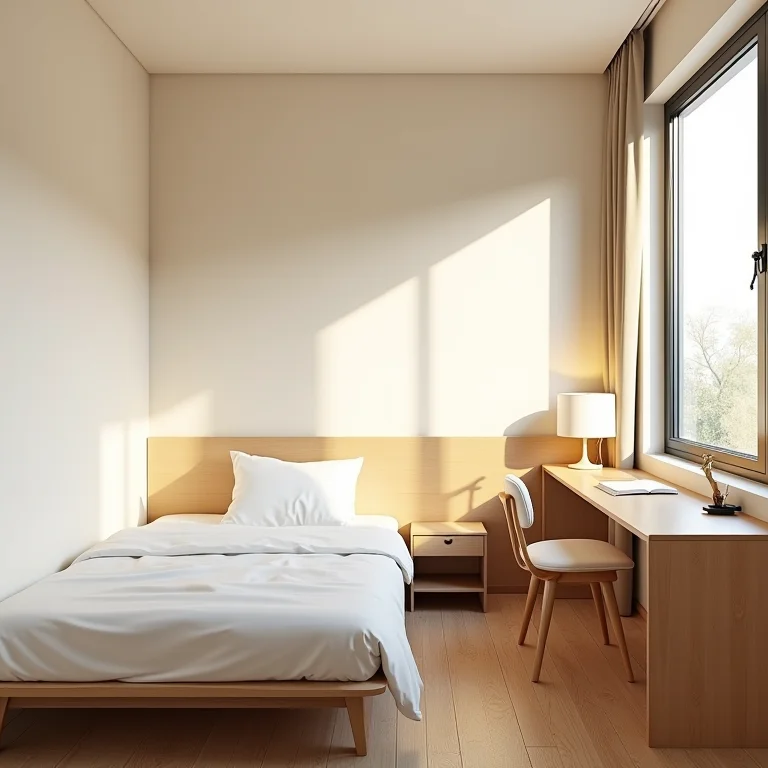 Quarto pequeno com móveis multifuncionais e soluções inteligentes.