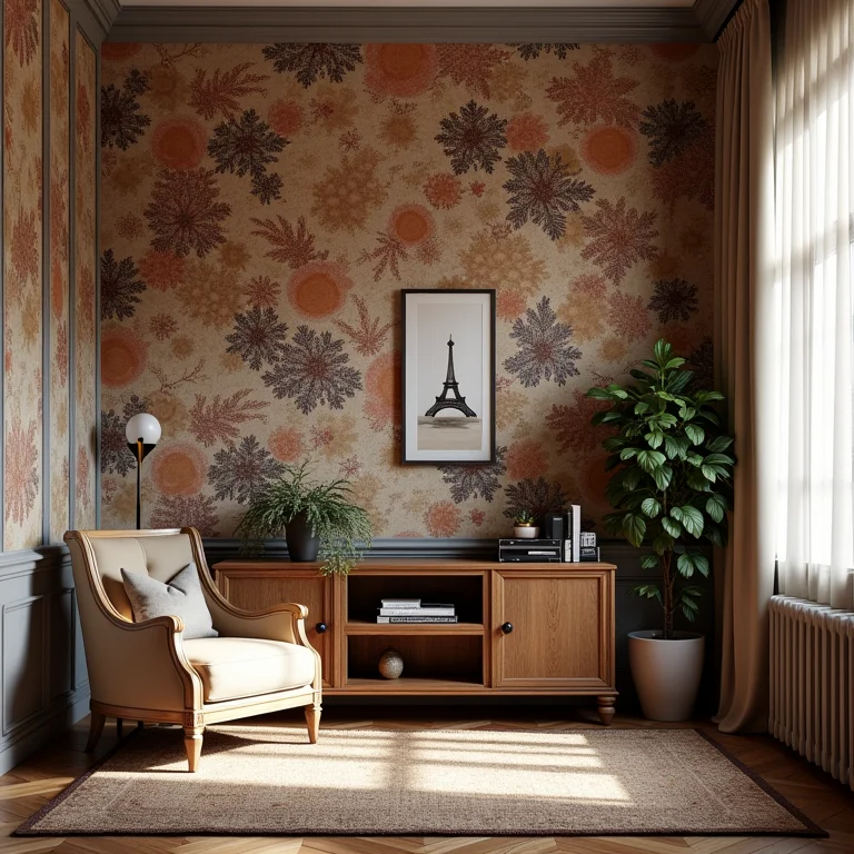 Quarto pequeno com papel de parede 3D inadequado que causa sensação de aperto.