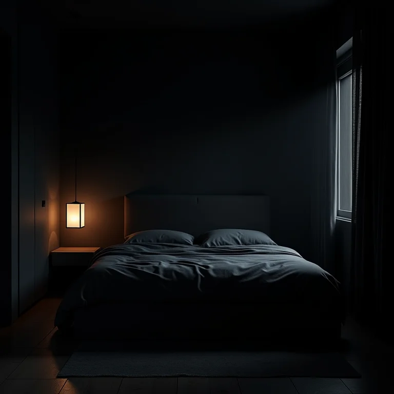 Quarto pequeno com paredes escuras e atmosfera claustrofóbica