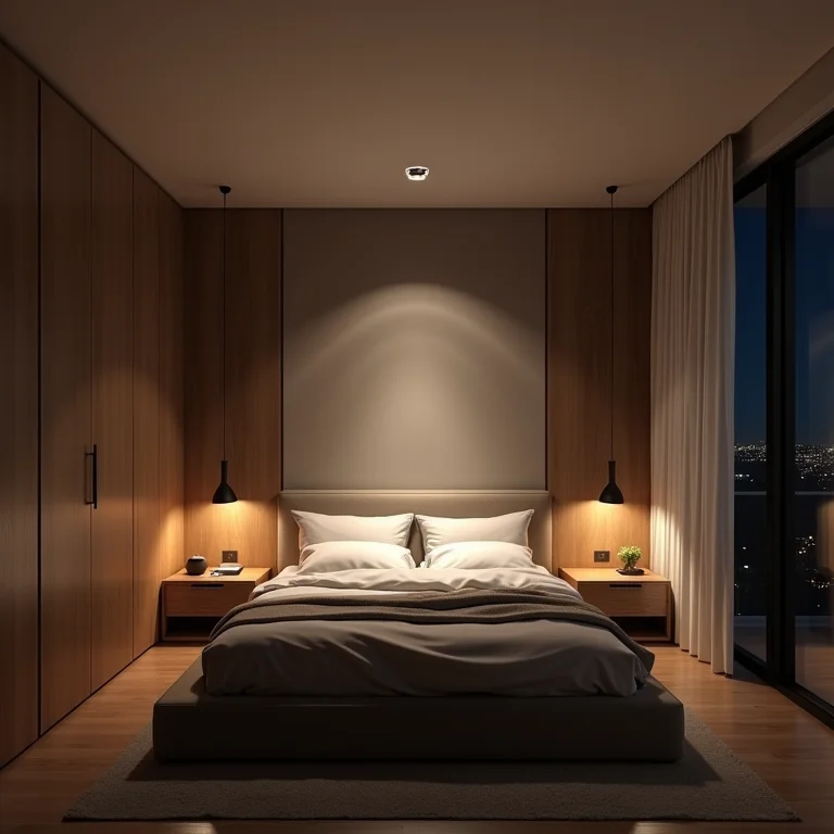 Quarto sem iluminação indireta, resultando em um ambiente sem profundidade.