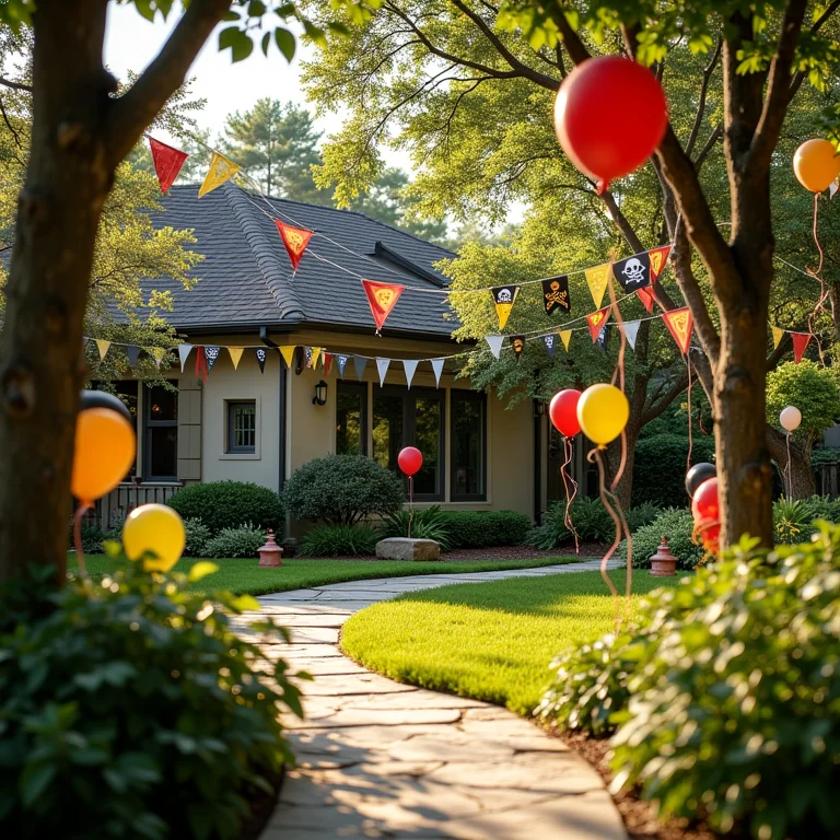 Quintal decorado para uma caça ao tesouro com tema pirata.