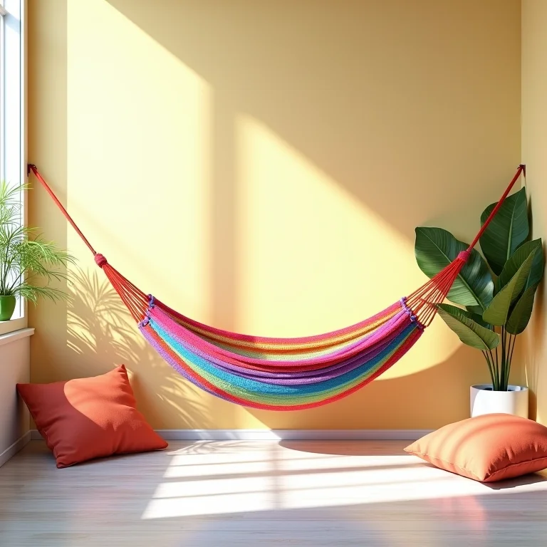 Rede colorida combinando com a decoração vibrante da sala.