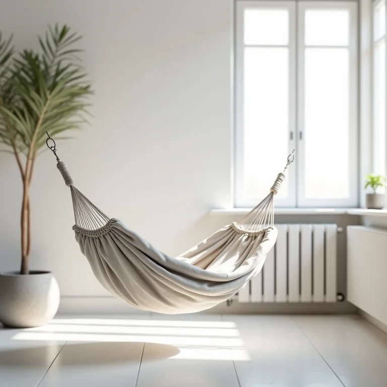 Rede compacta em apartamento moderno com paleta de cores neutras.