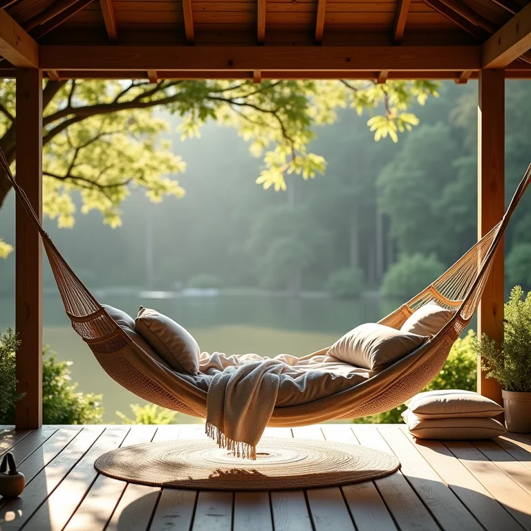 Rede de descanso aconchegante em varanda de madeira com almofadas.