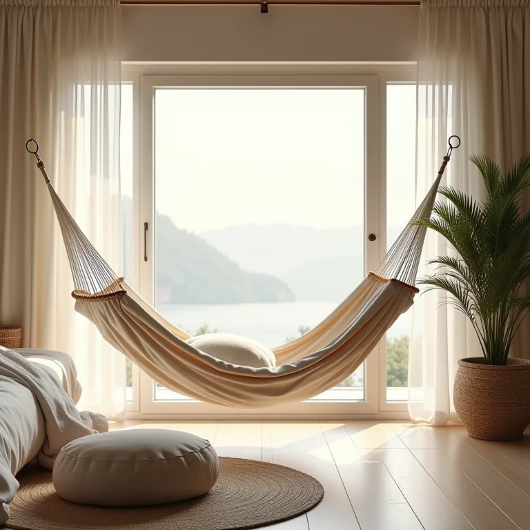 Rede de descanso em quarto aconchegante com luz matinal suave.