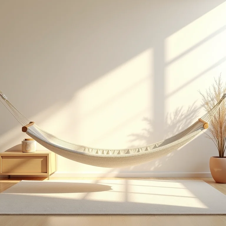 Rede de descanso em quarto com iluminação suave e cores relaxantes.