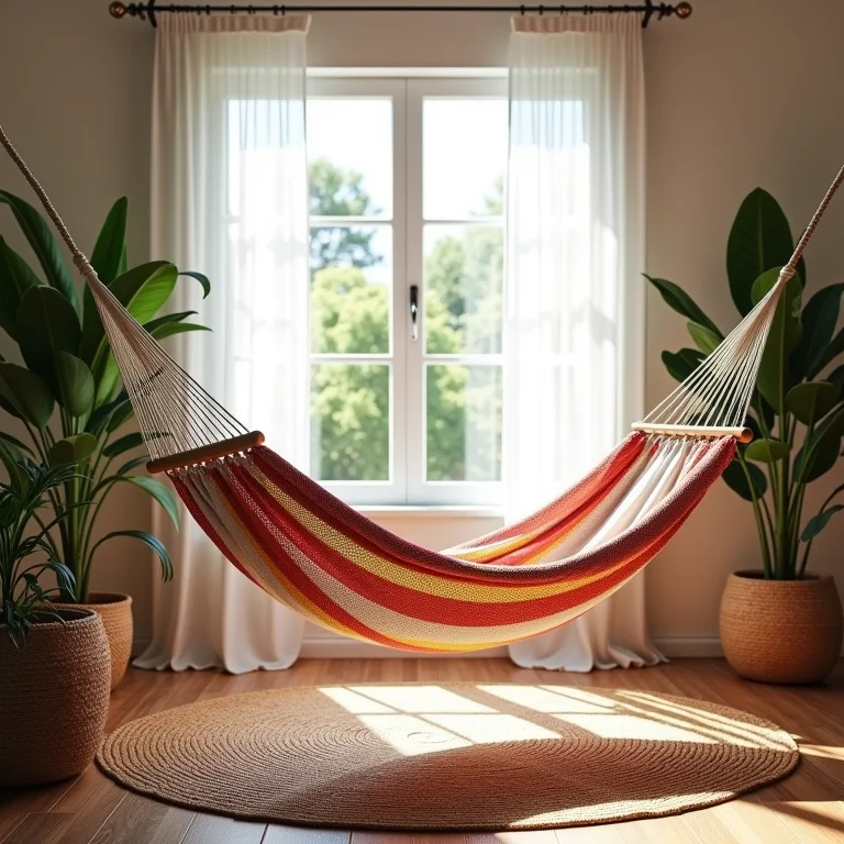 Rede de descanso em sala de estar com decoração boêmia.