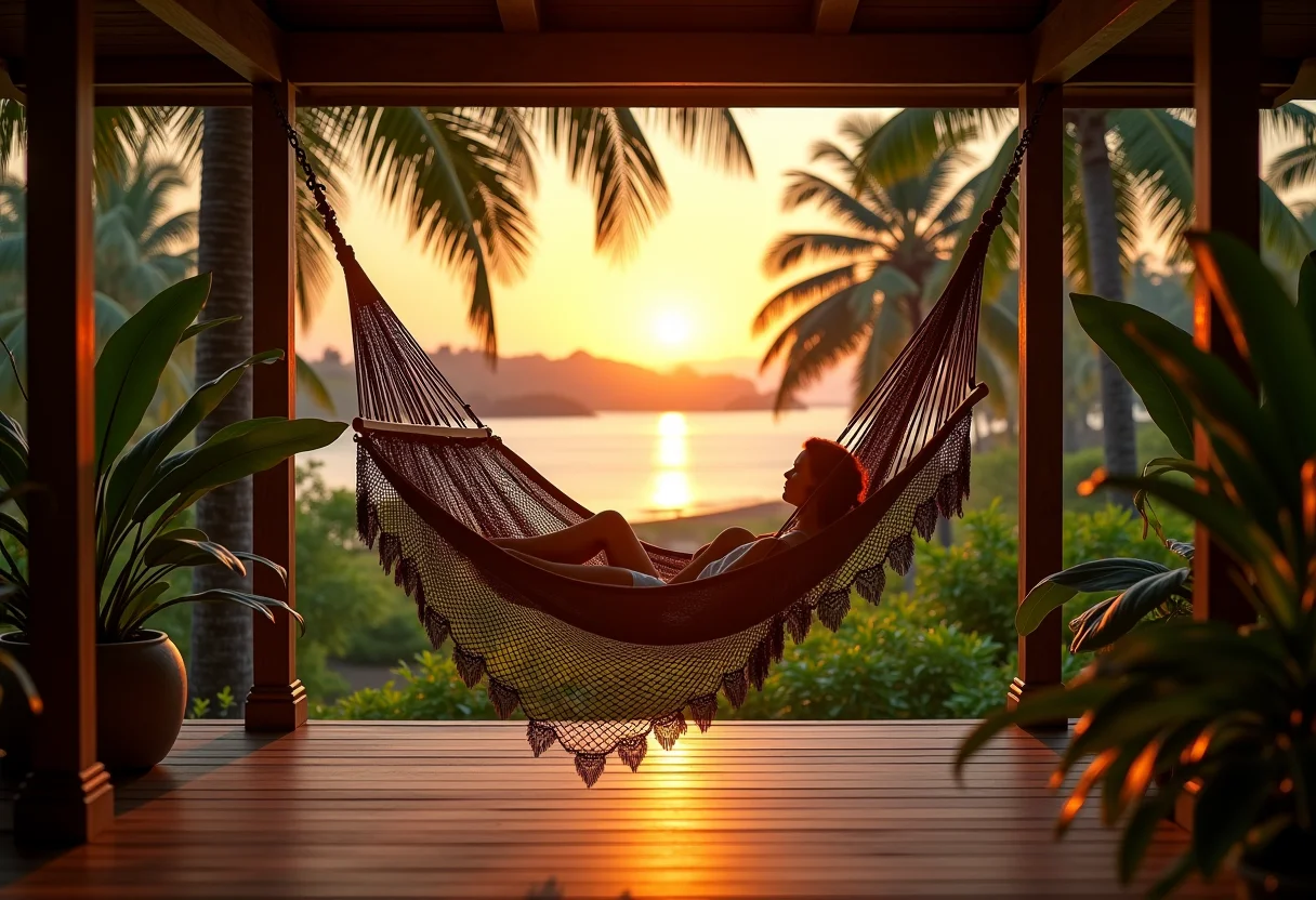 Rede de descanso em varanda com vista para jardim tropical ao pôr do sol.