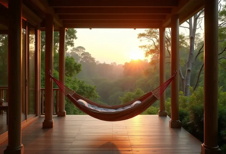 Rede de descanso em varanda ensolarada com vista para jardim exuberante.