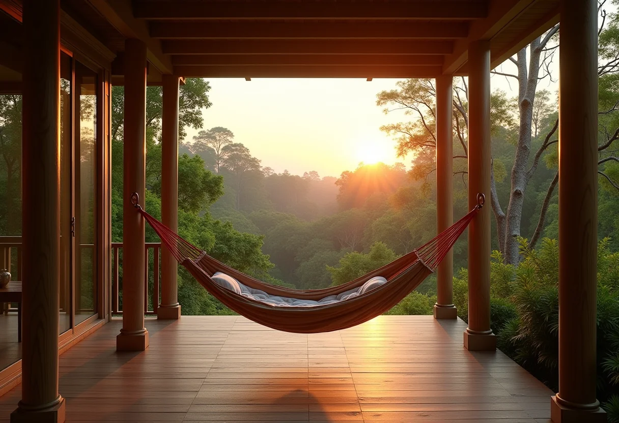 Rede de descanso em varanda ensolarada com vista para jardim exuberante.