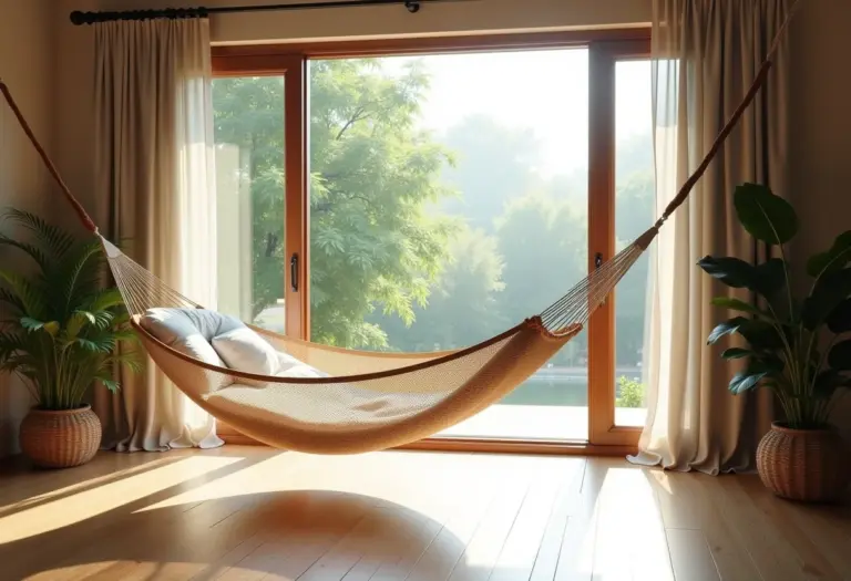 Rede de descanso em varanda ensolarada, convite ao relaxamento.