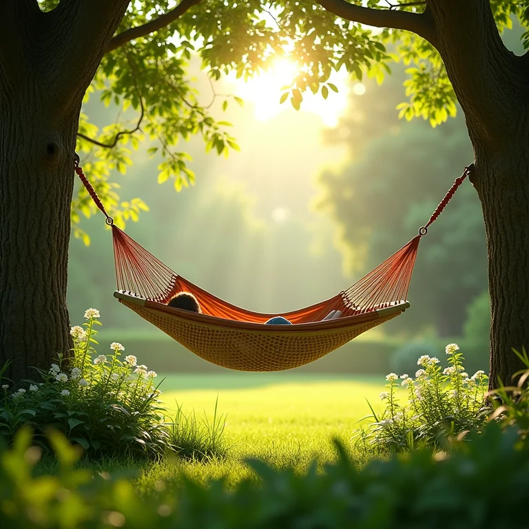 Rede de descanso entre árvores em jardim exuberante.