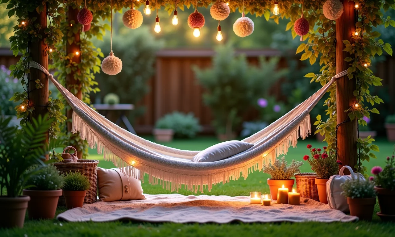 Rede decorada com plantas e luzes.