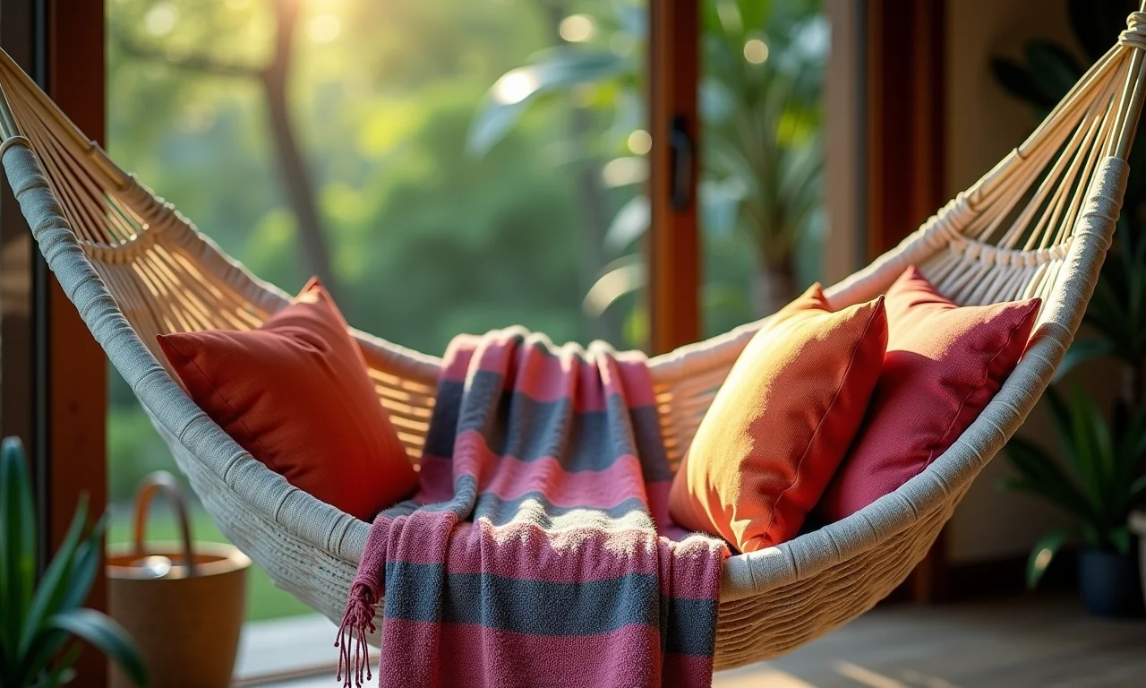 Rede personalizada com almofadas e mantas coloridas.