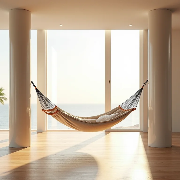 Rede suspensa em sala de estar moderna com iluminação natural.