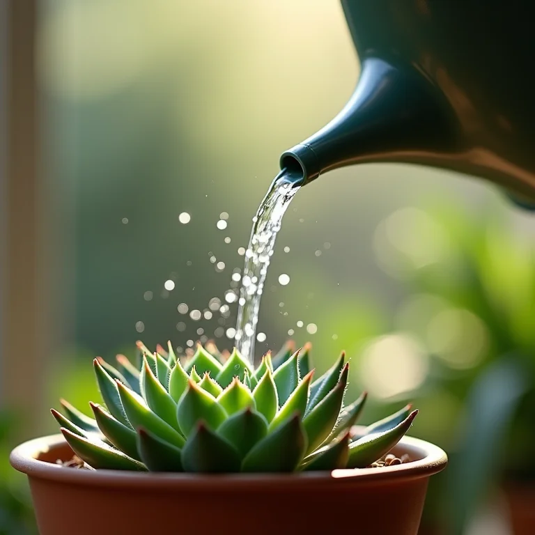 Rega consciente de um arranjo de suculentas com um regador.