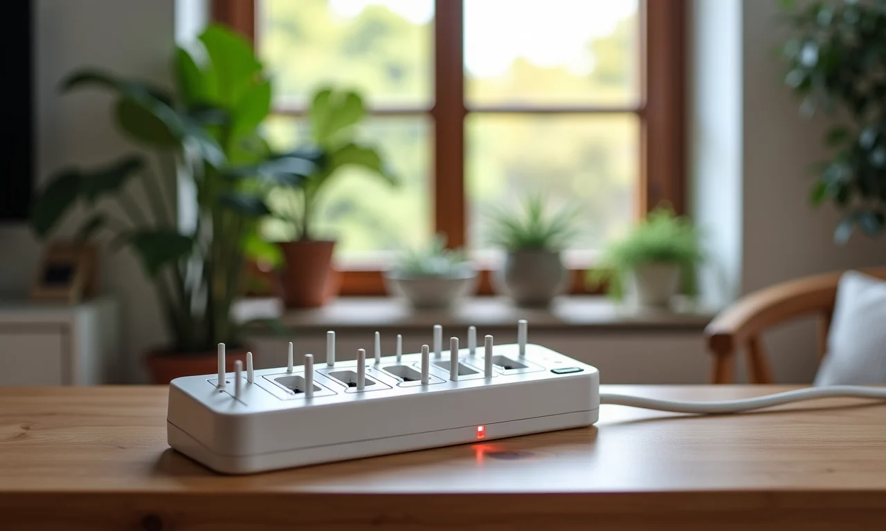 Régua de energia dentro de uma caixa protetora.