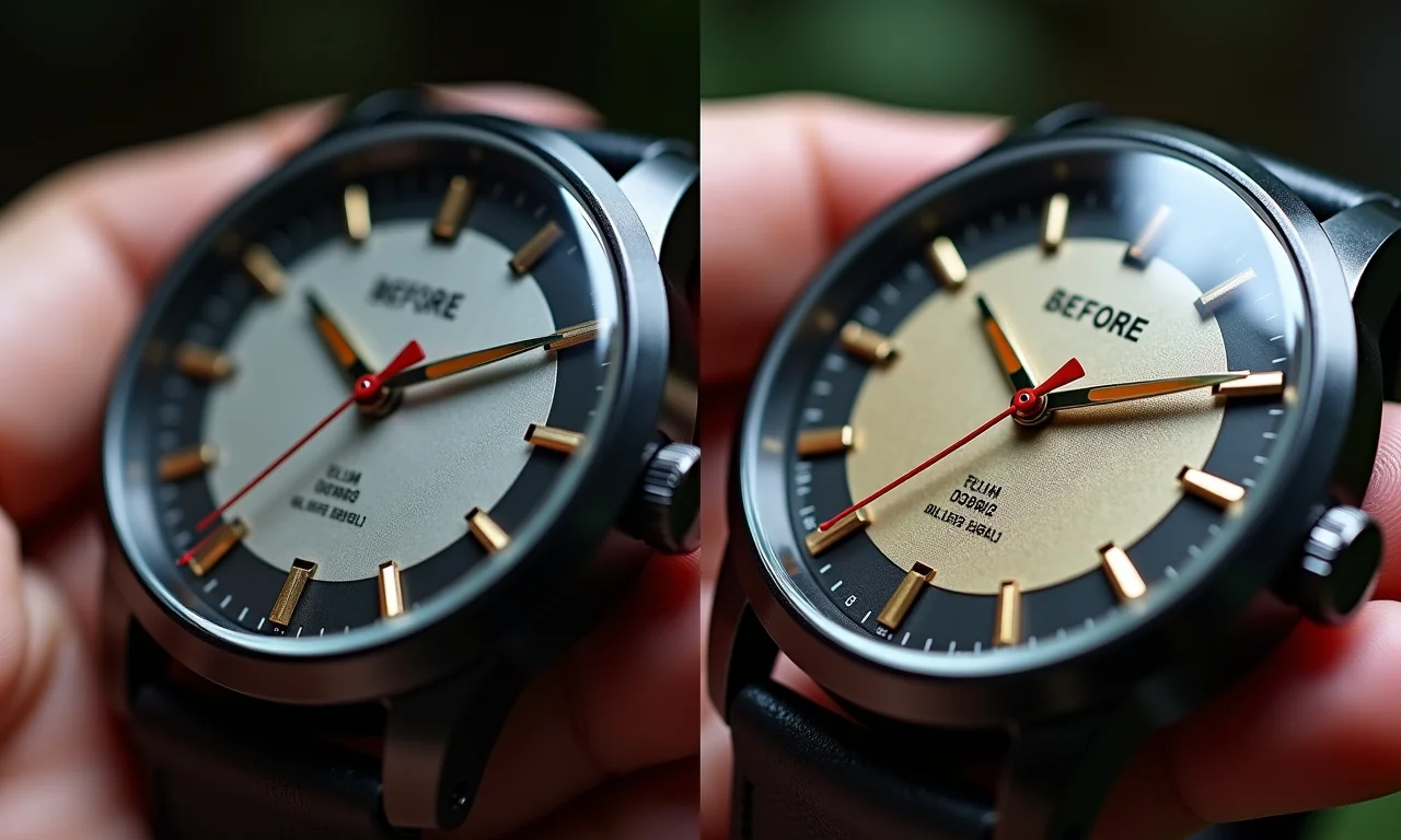Relógio com manchas persistentes antes e depois da limpeza.
