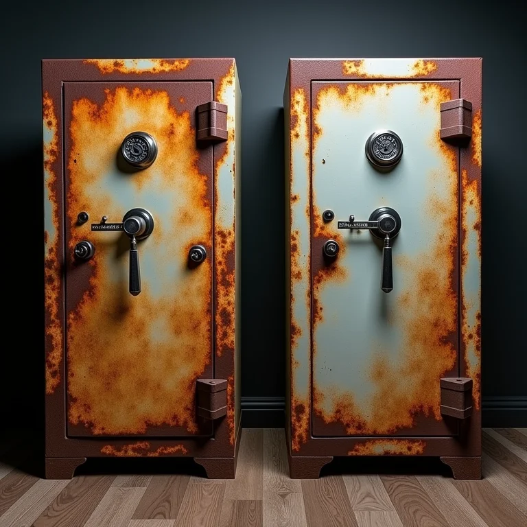 Remoção de manchas e ferrugem de um cofre: antes e depois.