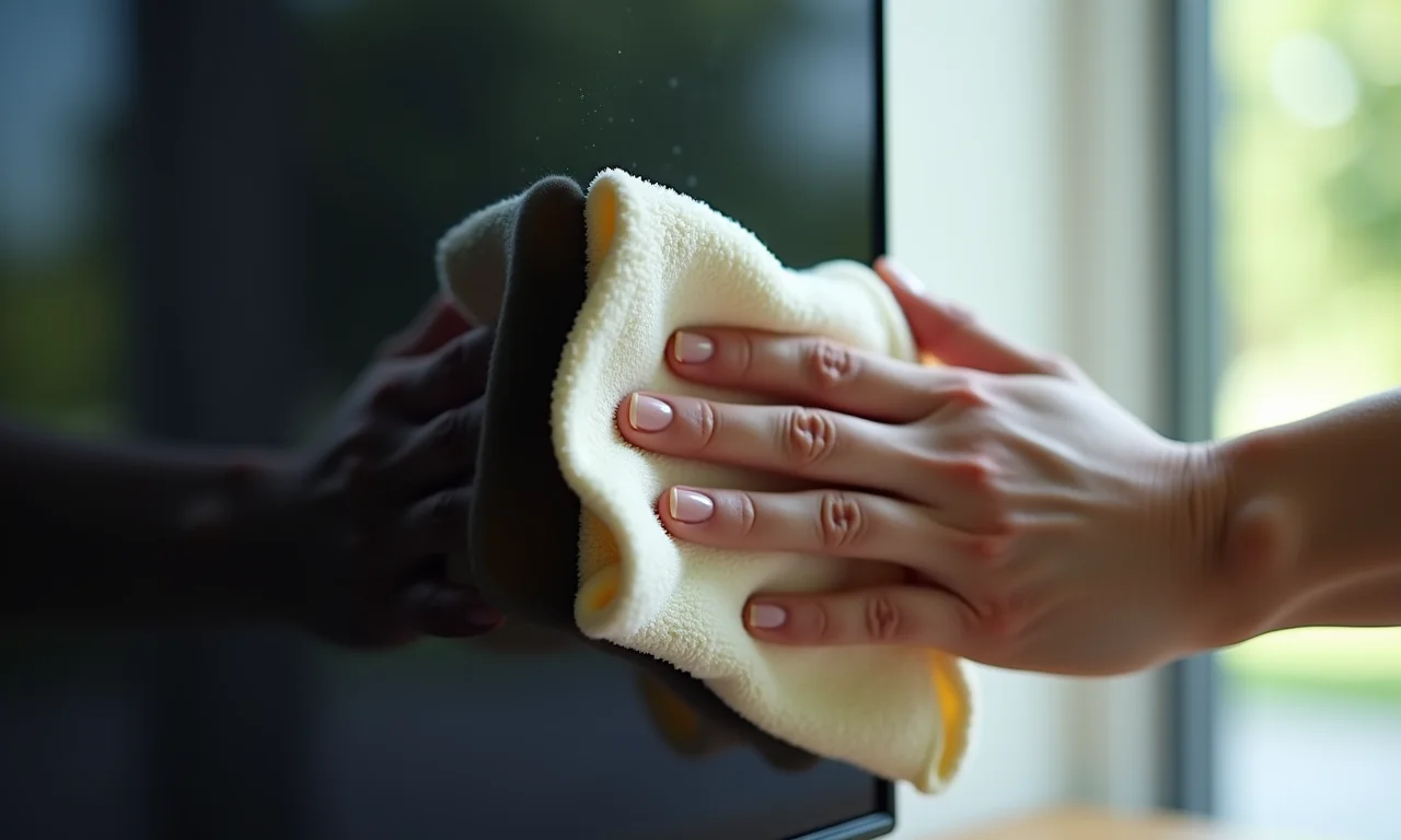 Removendo a poeira da tela da TV com um pano seco e macio.