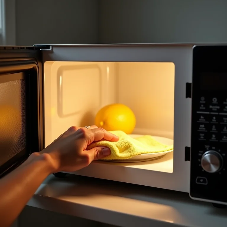 Removendo a sujeira do micro-ondas com pano.