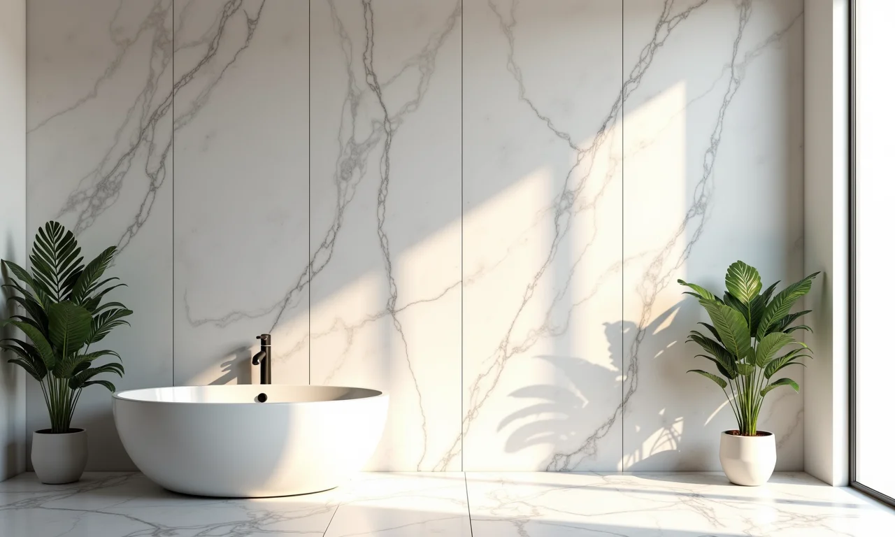 Revestimento de mármore em parede de banheiro.