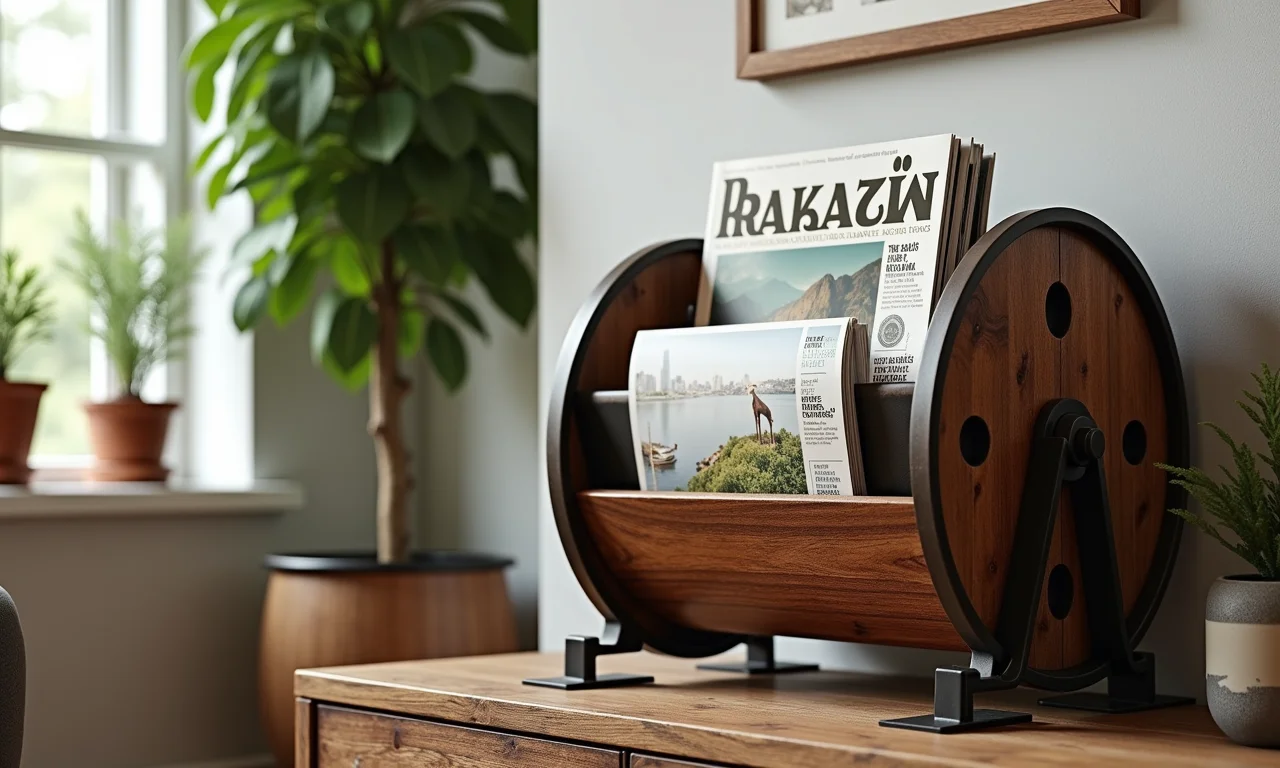 Revisteiro feito de carretel de fio com revistas e decoração brasileira.