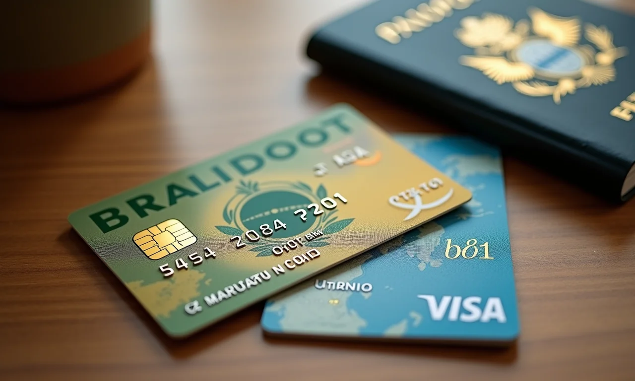 RG e CPF brasileiros em uma mesa de madeira, com um passaporte ao lado.