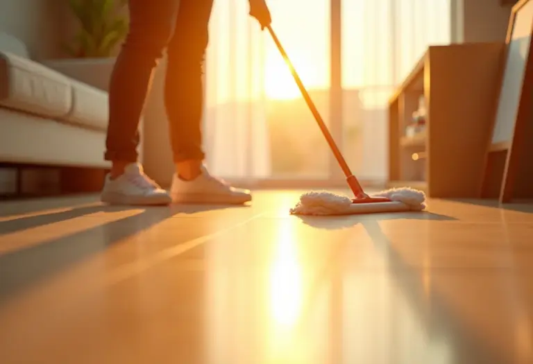 Rodo mágico limpando um piso reluzente em casa ensolarada.