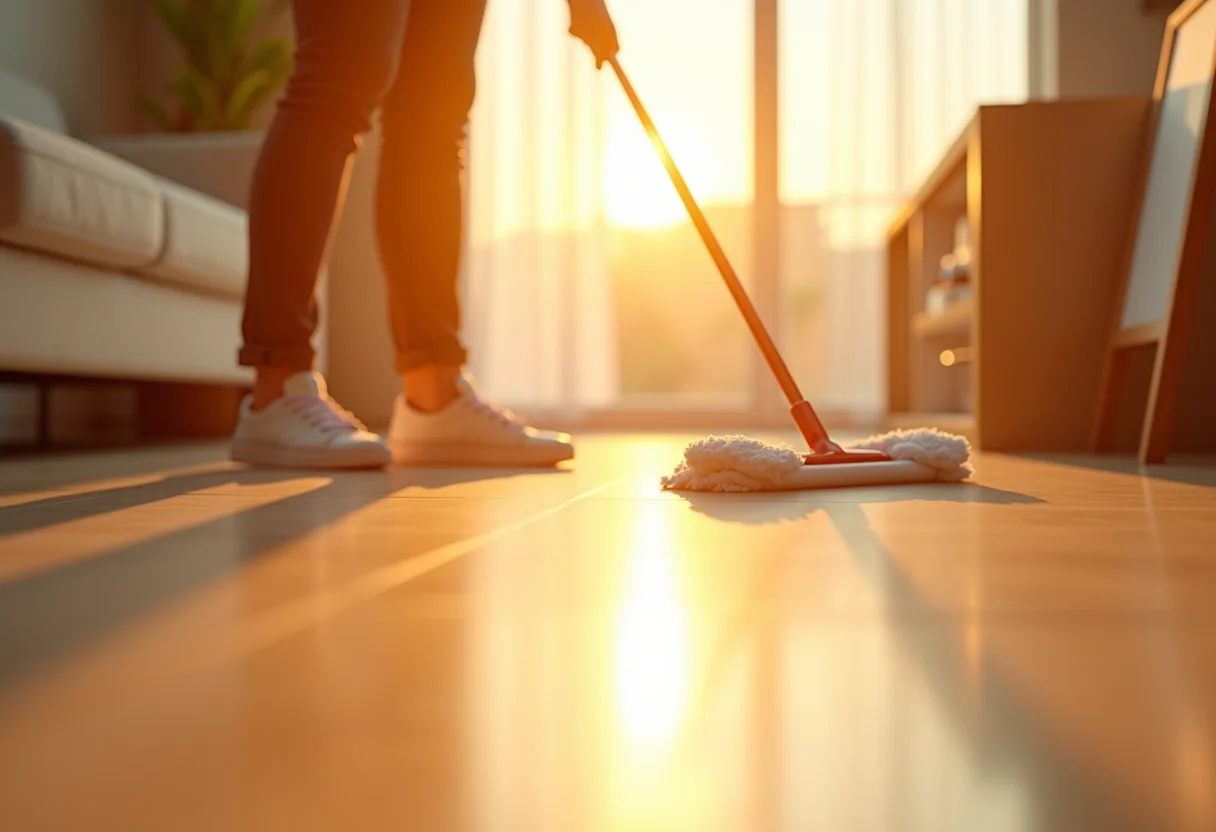 Rodo mágico limpando um piso reluzente em casa ensolarada.