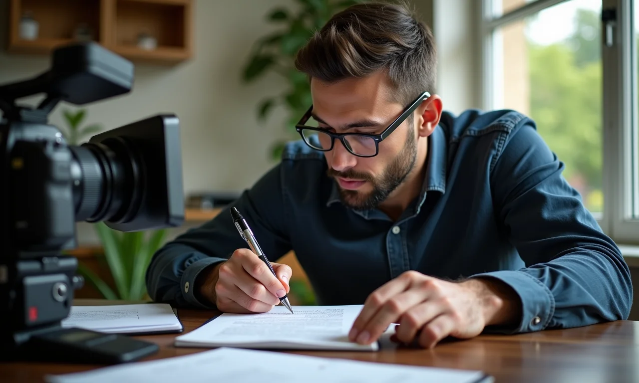 Roteirista elaborando roteiro detalhado para vídeo institucional, com anotações e pesquisa.