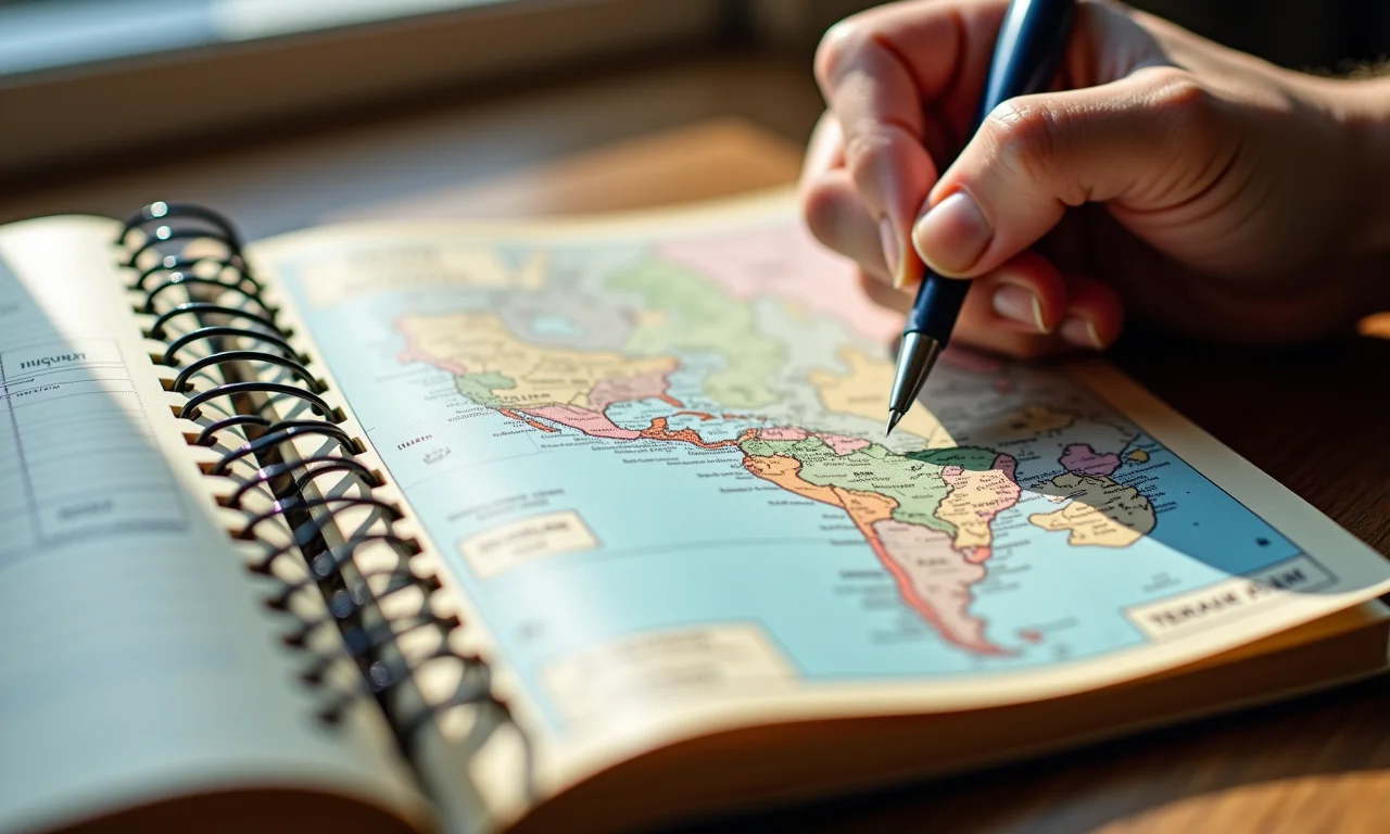 Roteiro de viagem escrito à mão em um caderno, com uma caneta ao lado.