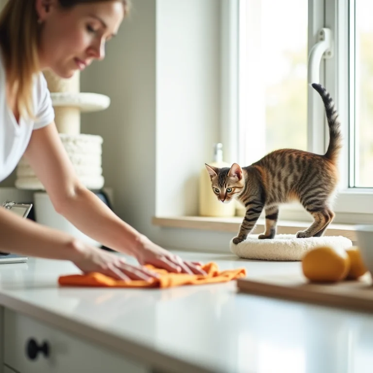 Rotina de limpeza com gato observando