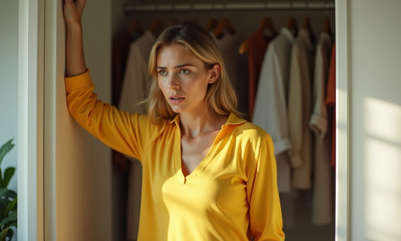 Roupas brancas amareladas saindo do guarda-roupa.