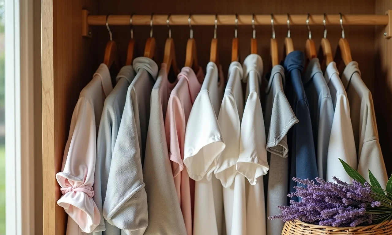 Roupas de verão organizadas com sachês de lavanda em um guarda-roupa.