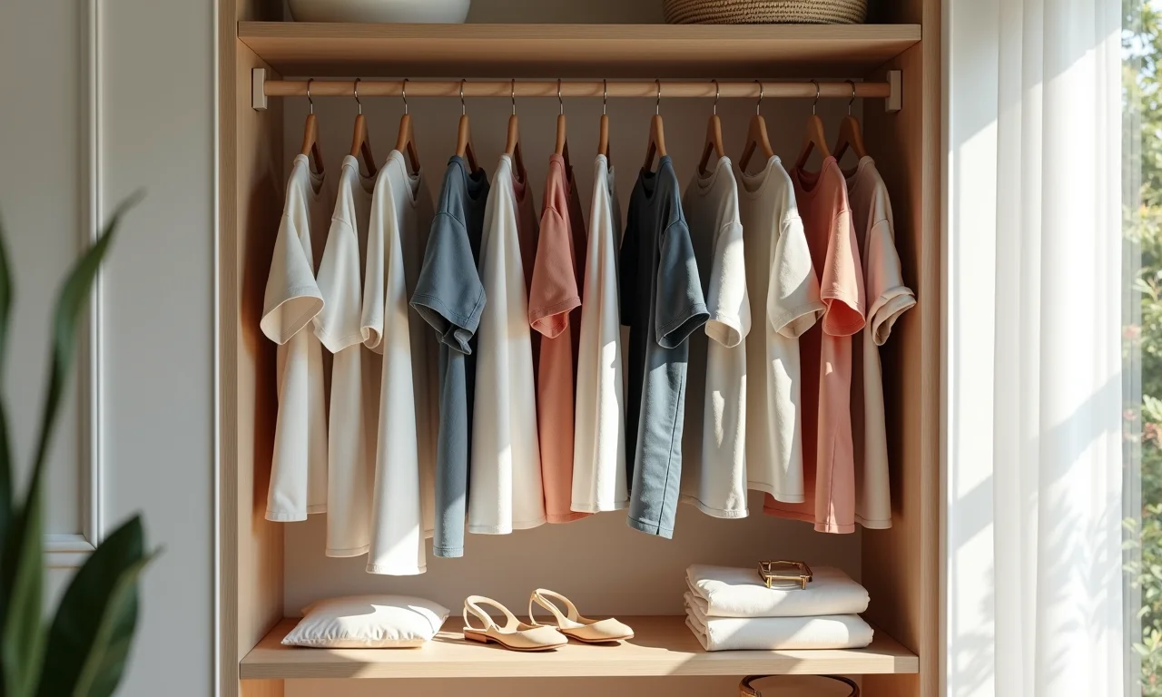 Roupas de verão organizadas em um espaço pequeno com uma abordagem minimalista.