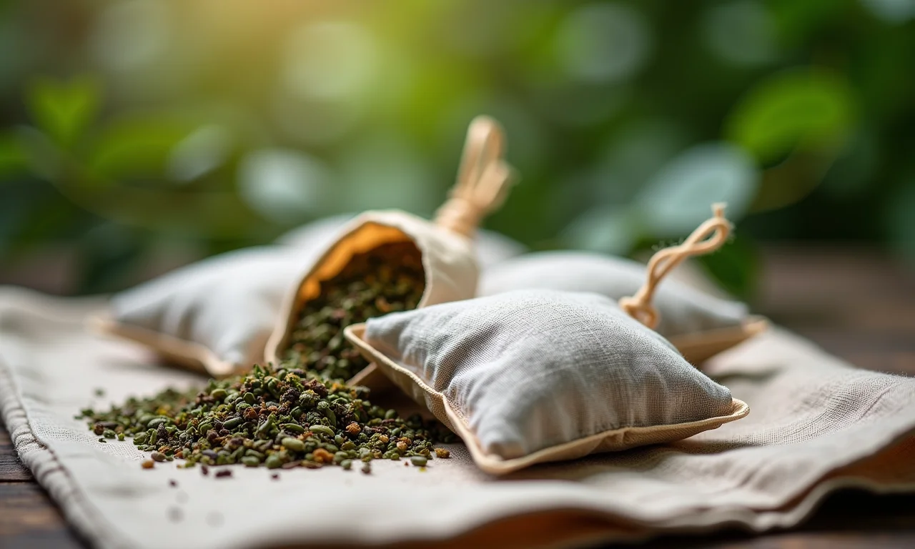 Sachês perfumados com ervas naturais em tecido de linho.