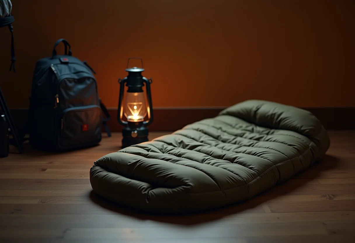 Saco de dormir enrolado ao lado de equipamentos de camping