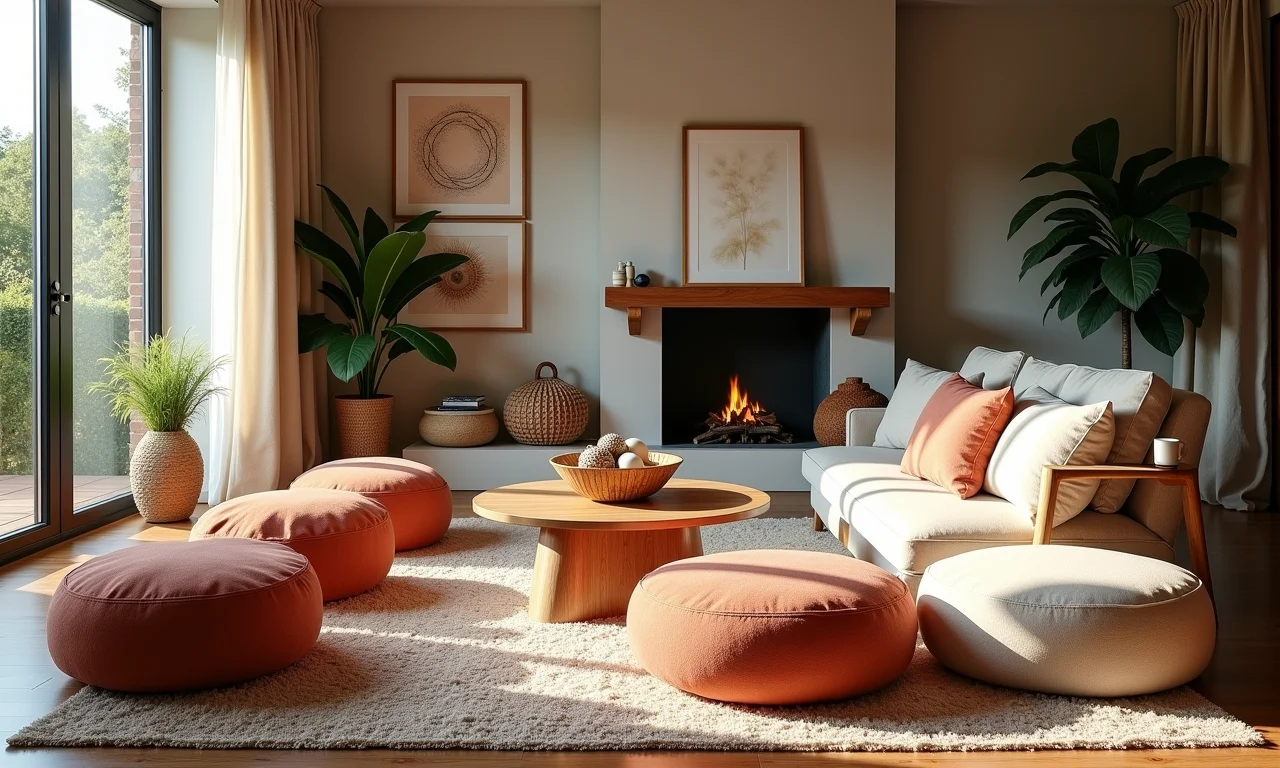 Sala aconchegante com puffs artesanais como assentos extras.