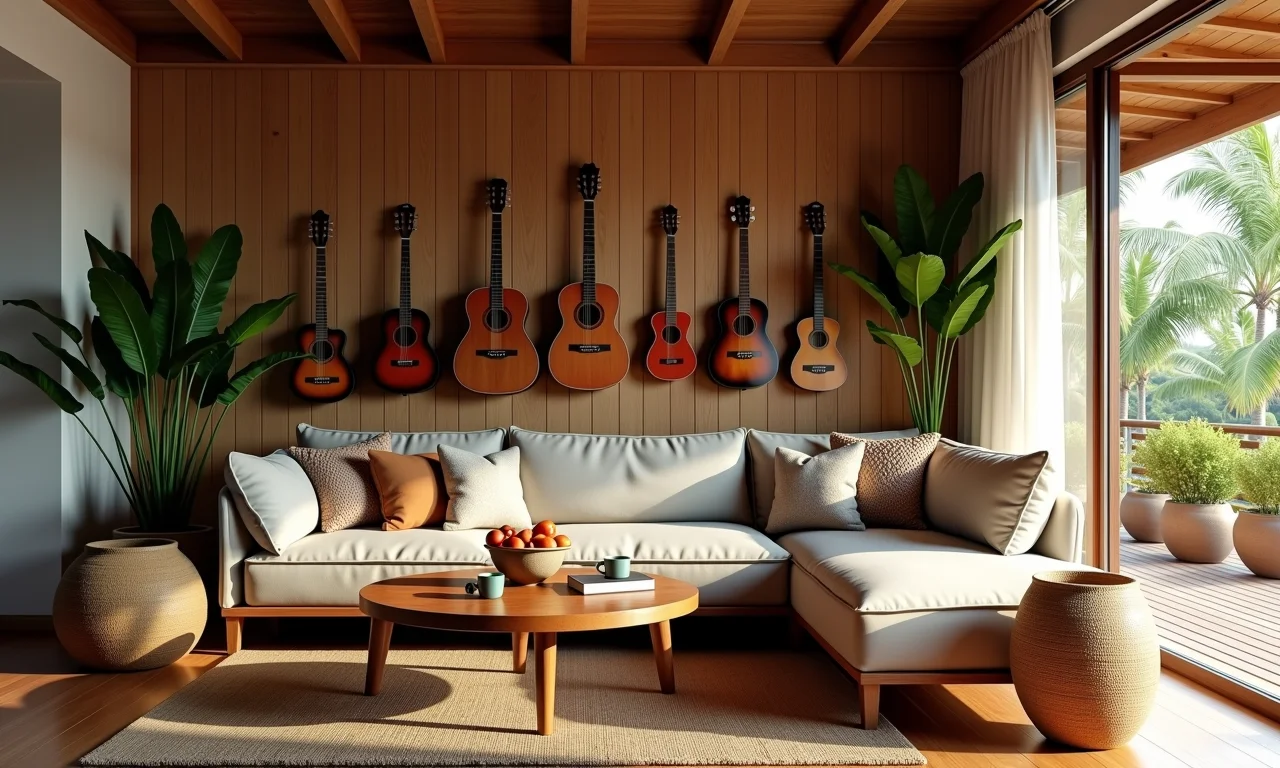 Sala aconchegante mostrando passos para decorar com instrumentos musicais.