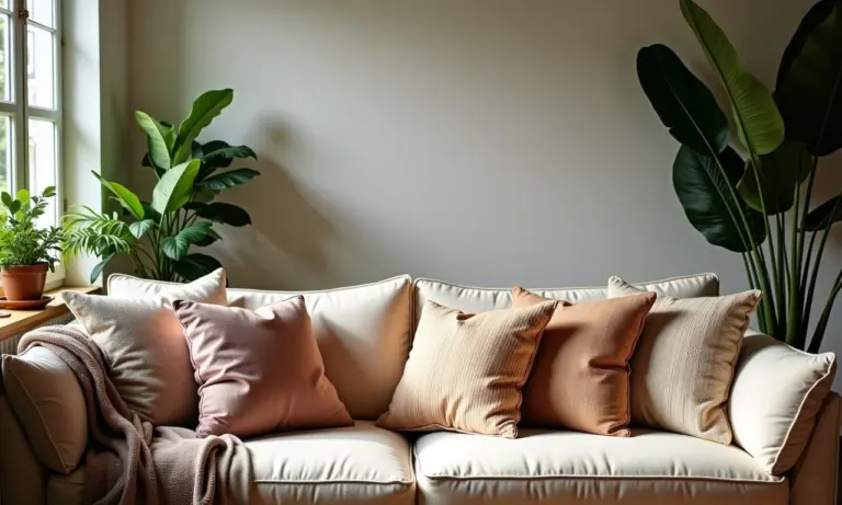 Sala de estar aconchegante com almofadas decorativas diversas.