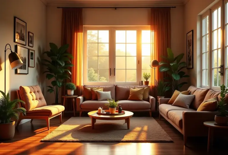 Sala de estar aconchegante com decoração afetiva, transmitindo calor e personalidade.