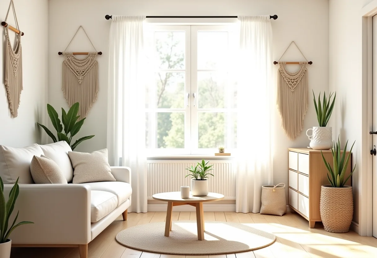 Sala de estar aconchegante com decoração em macramê